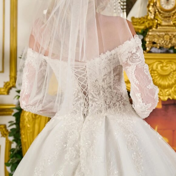 New Off The Shoulder Mesh Wedding Gown w/Floral Lace & Sheer Voned Bodice GL3824 - Picture 11 of 15